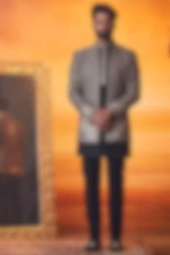 Black Soft Silk Kashmiri Embroidered Groom Indowestern Set by Vanshik at Pernia's Pop Up Shop