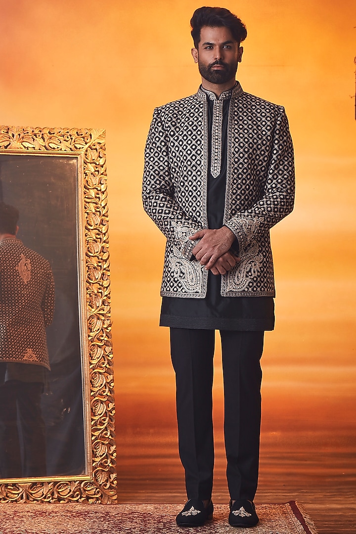 Black Soft Silk Kashmiri Embroidered Groom Indowestern Set by Vanshik at Pernia's Pop Up Shop