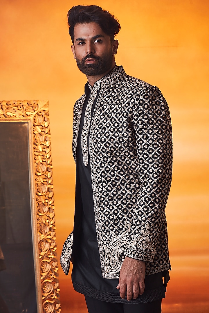 Black Soft Silk Kashmiri Embroidered Groom Indowestern Set by Vanshik at Pernia's Pop Up Shop