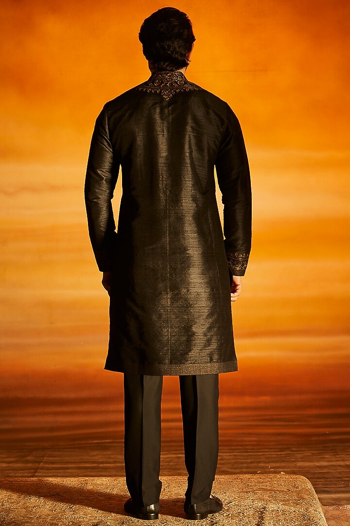 Black Silk Tilla Embroidered Kurta Set by Vanshik at Pernia's Pop Up Shop