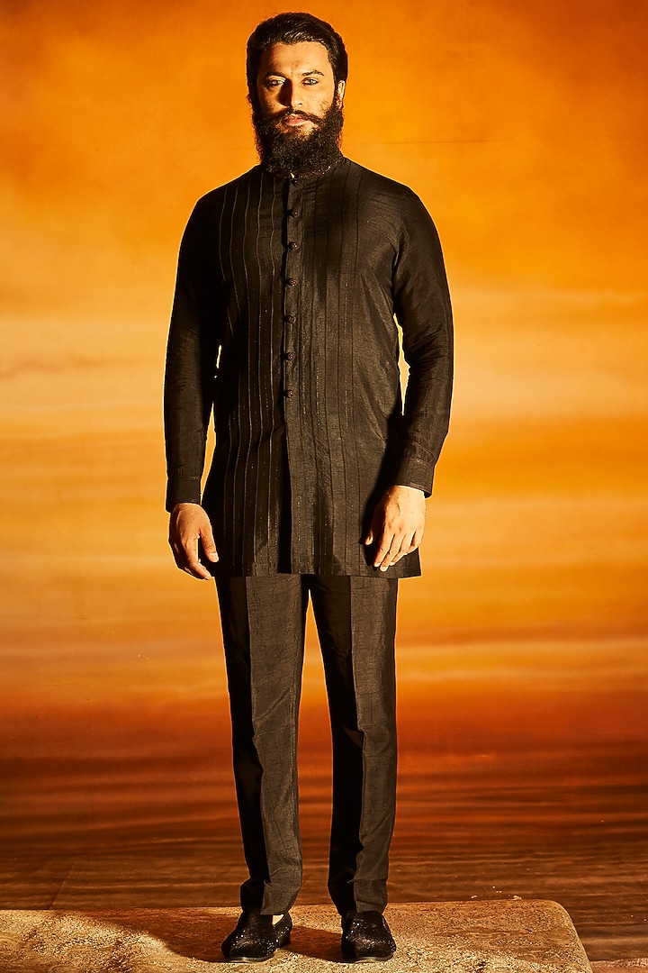 Black Raw Silk Glass Bead Embroidered Groom Indowestern Set by Vanshik at Pernia's Pop Up Shop