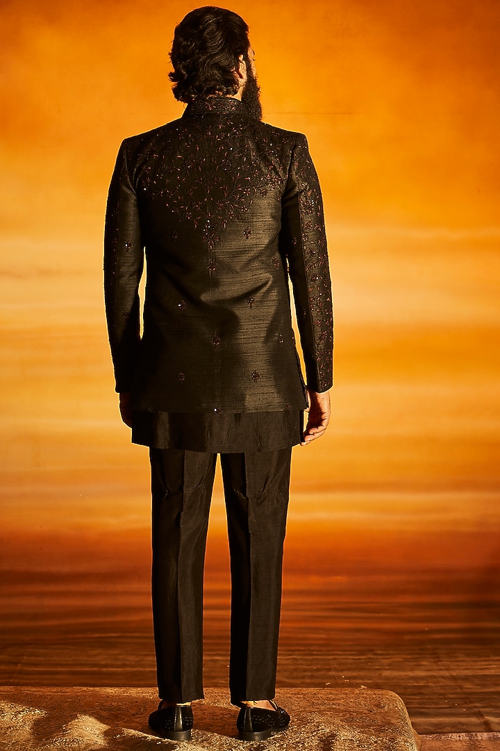 Black Raw Silk Glass Bead Embroidered Groom Indowestern Set by Vanshik at Pernia's Pop Up Shop