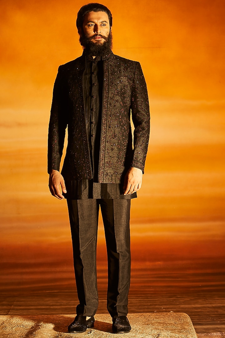 Black Raw Silk Glass Bead Embroidered Groom Indowestern Set by Vanshik at Pernia's Pop Up Shop