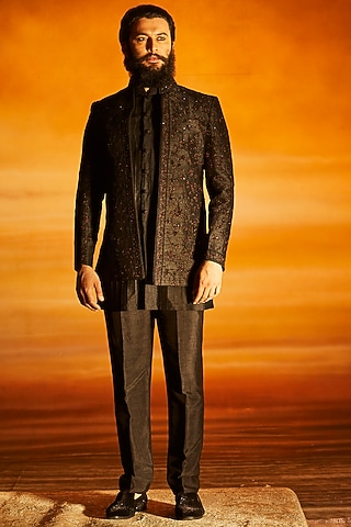 Black Raw Silk Glass Bead Embroidered Indowestern Set by Vanshik