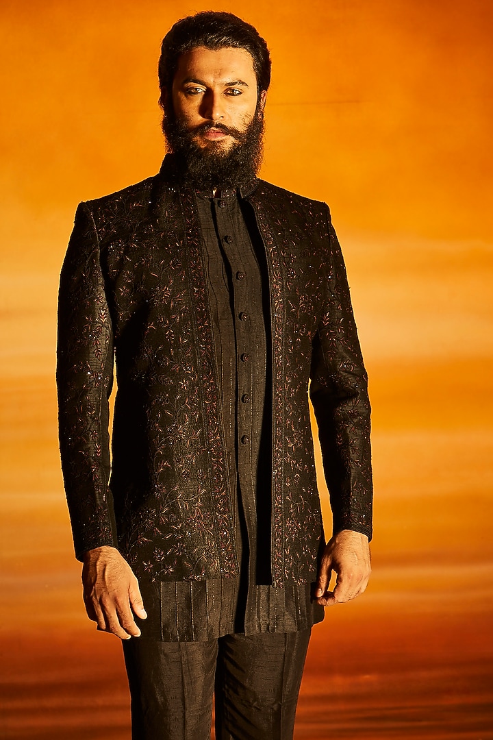 Black Raw Silk Glass Bead Embroidered Groom Indowestern Set by Vanshik at Pernia's Pop Up Shop