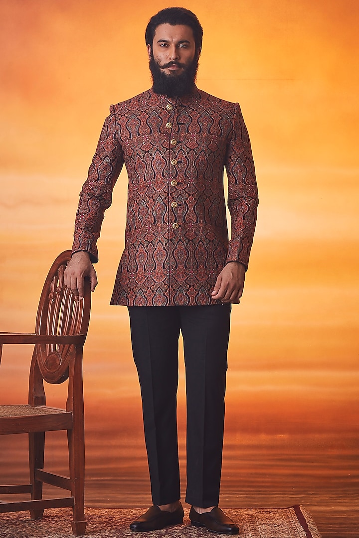 Multi-Colored Pashmina Silk Kashmiri Embroidered Groom Indowestern Set by Vanshik at Pernia's Pop Up Shop