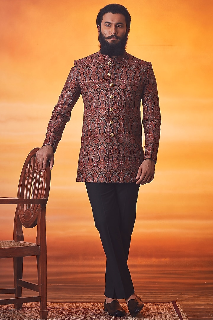 Multi-Colored Pashmina Silk Kashmiri Embroidered Groom Indowestern Set by Vanshik at Pernia's Pop Up Shop