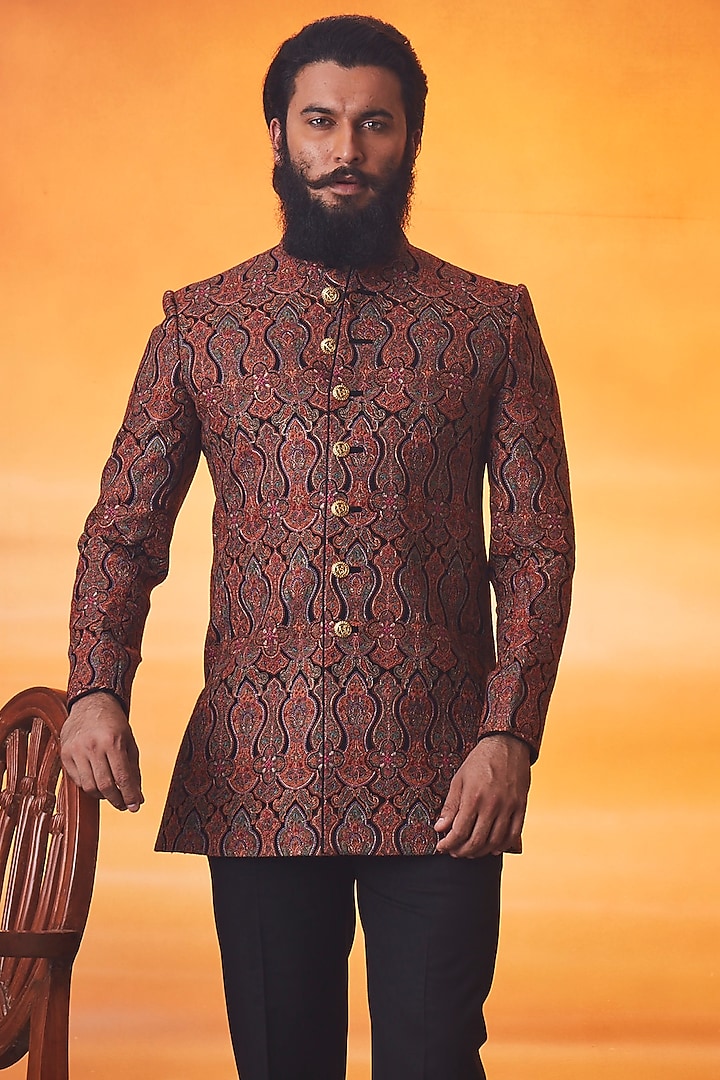 Multi-Colored Pashmina Silk Kashmiri Embroidered Groom Indowestern Set by Vanshik at Pernia's Pop Up Shop