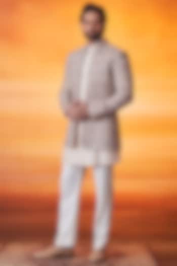 Blush Pink Pashmina Silk Kashmiri Embroidered Groom Indowestern Set by Vanshik at Pernia's Pop Up Shop