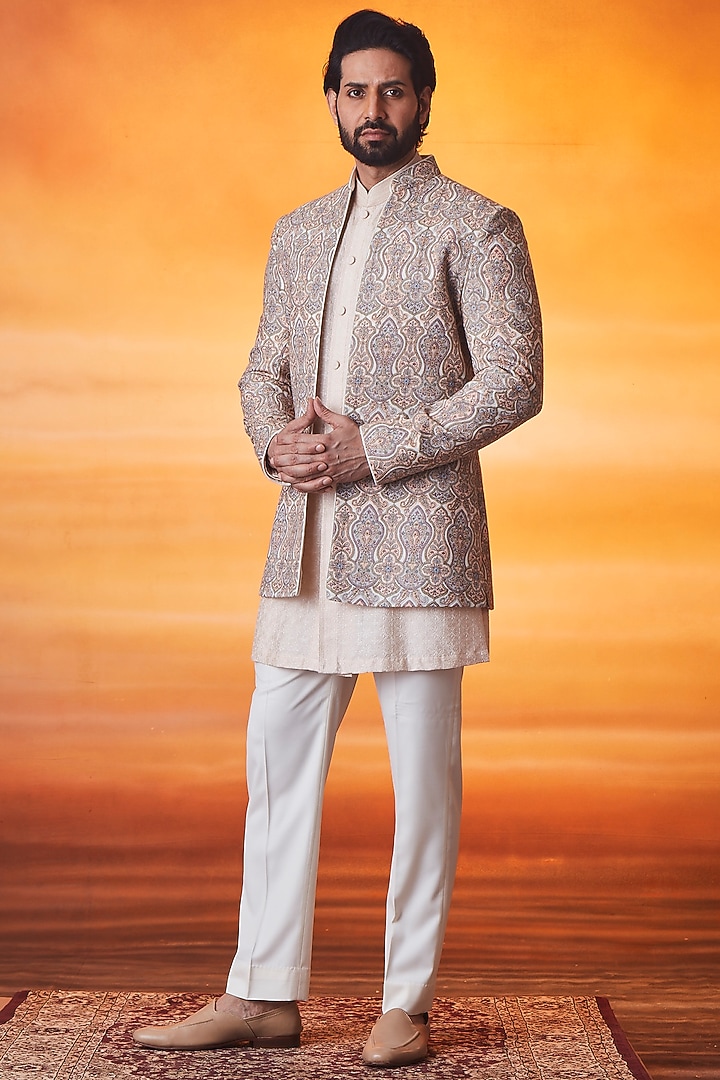 Blush Pink Pashmina Silk Kashmiri Embroidered Groom Indowestern Set by Vanshik at Pernia's Pop Up Shop