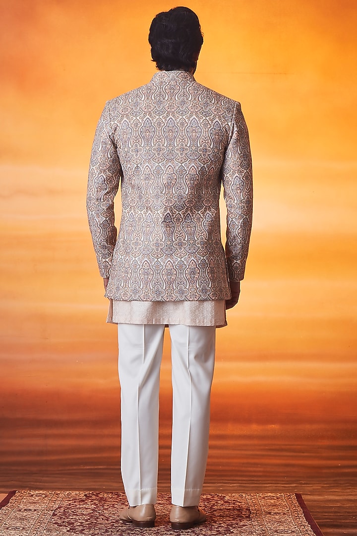 Blush Pink Pashmina Silk Kashmiri Embroidered Groom Indowestern Set by Vanshik at Pernia's Pop Up Shop