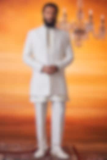 Ivory Silk Pearl Embellished Groom Sherwani Set by Vanshik at Pernia's Pop Up Shop
