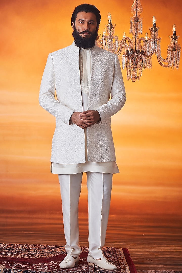 Ivory Silk Pearl Embellished Groom Sherwani Set by Vanshik at Pernia's Pop Up Shop