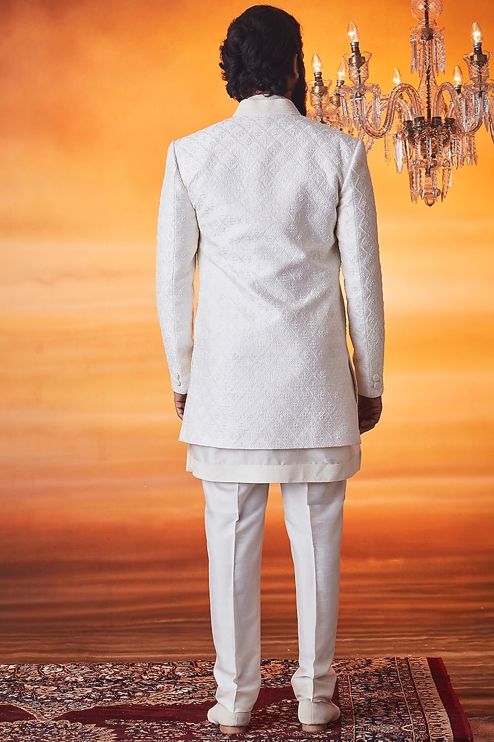 Ivory Silk Pearl Embellished Groom Sherwani Set by Vanshik at Pernia's Pop Up Shop