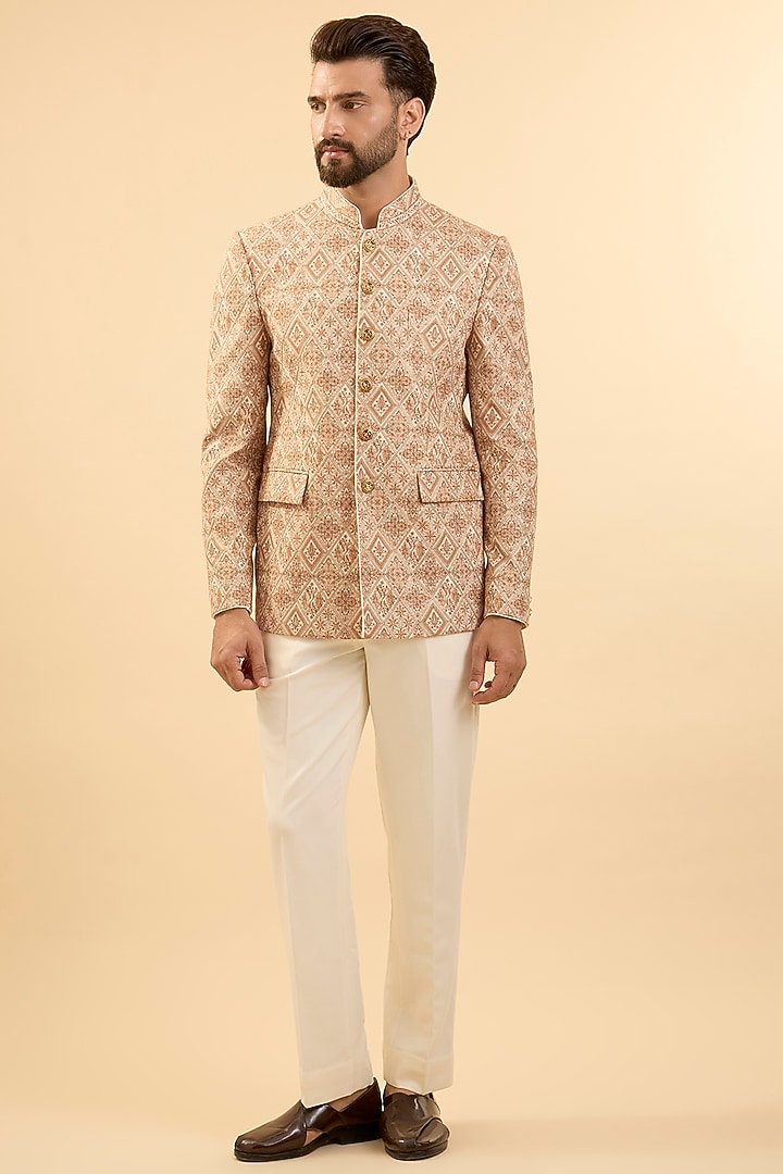 Cream Silk Groom Bandhgala Set by Vanshik at Pernia's Pop Up Shop