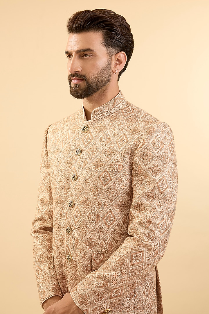Cream Silk Groom Bandhgala Set by Vanshik at Pernia's Pop Up Shop