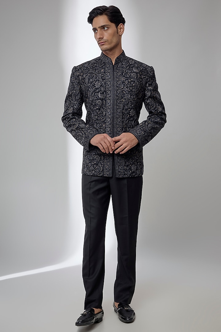 Black Silk Groom Bandhgala Set by Vanshik at Pernia's Pop Up Shop