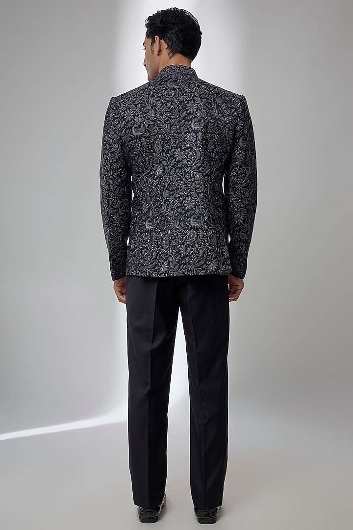 Black Silk Groom Bandhgala Set by Vanshik at Pernia's Pop Up Shop