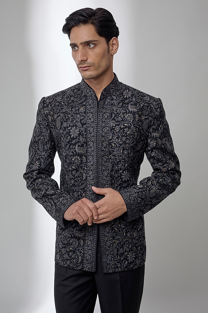 Black Silk Groom Bandhgala Set by Vanshik at Pernia's Pop Up Shop