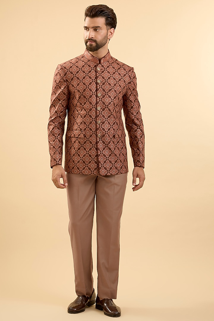 Brown Silk Groom Bandhgala Set by Vanshik at Pernia's Pop Up Shop