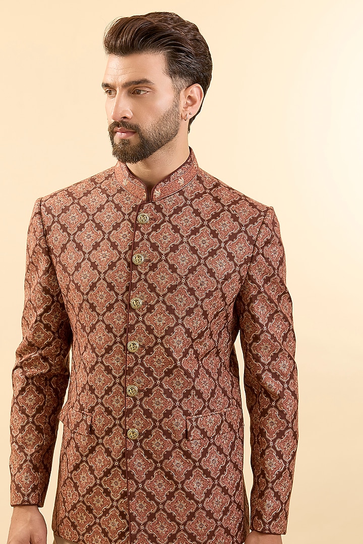 Brown Silk Groom Bandhgala Set by Vanshik at Pernia's Pop Up Shop