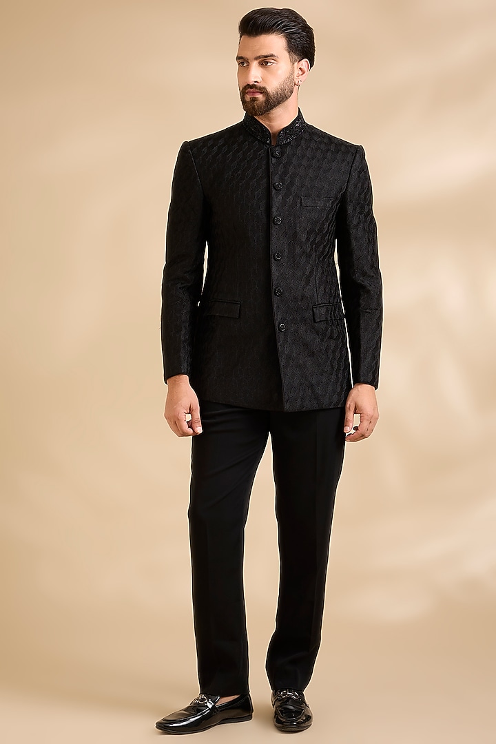Black Suiting Groom Bandhgala Set by Vanshik at Pernia's Pop Up Shop