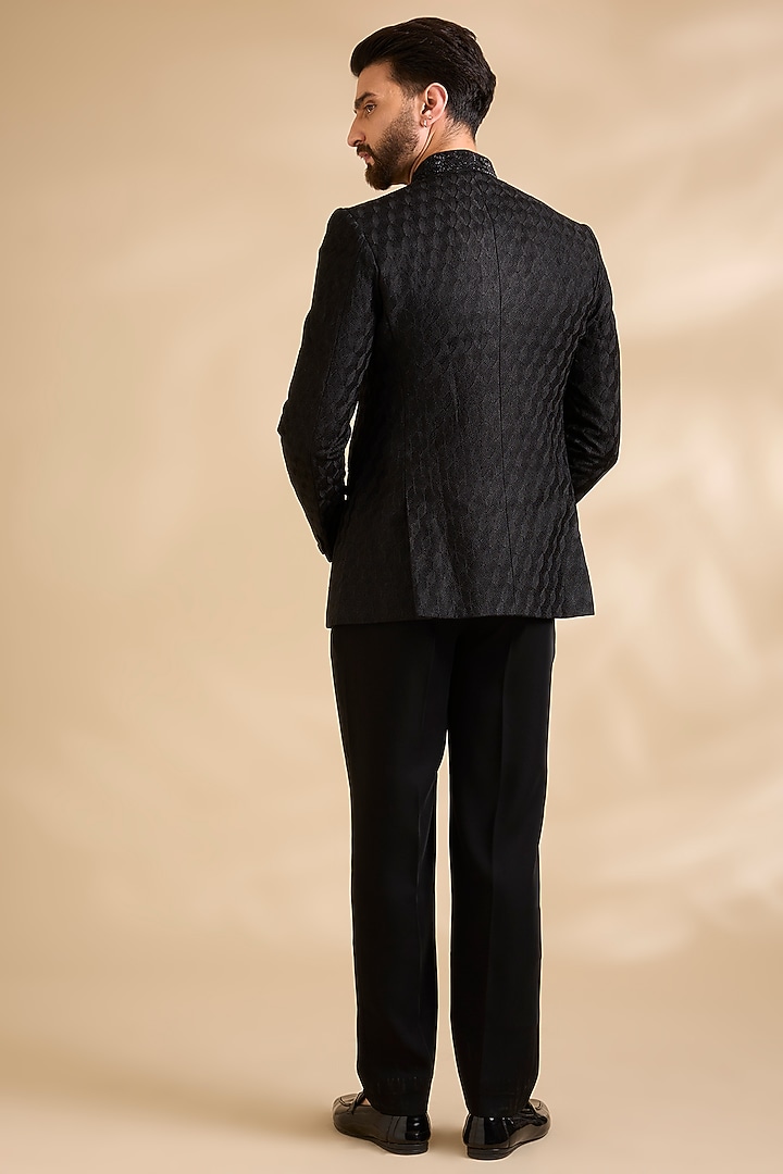 Black Suiting Groom Bandhgala Set by Vanshik at Pernia's Pop Up Shop