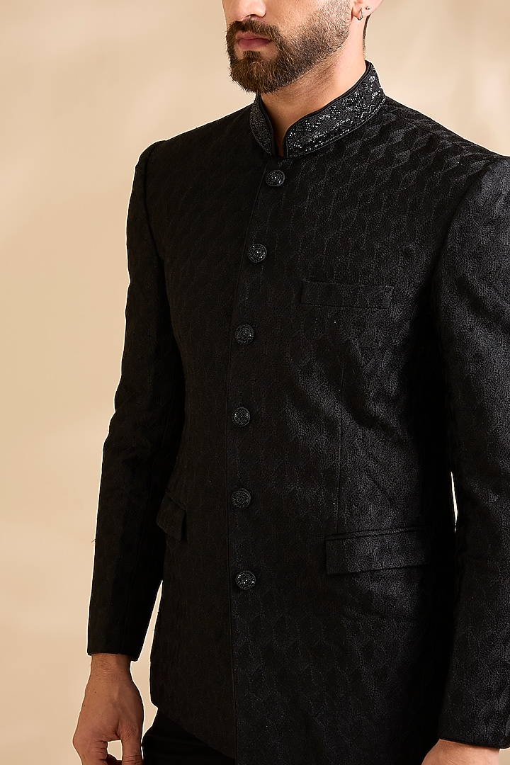 Black Suiting Groom Bandhgala Set by Vanshik at Pernia's Pop Up Shop
