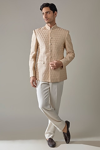Beige Silk Bandhgala Set by Vanshik