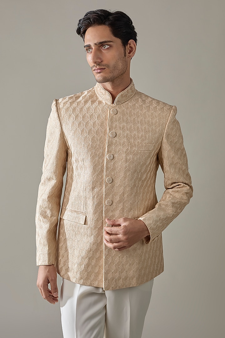 Beige Silk Groom Bandhgala Set by Vanshik at Pernia's Pop Up Shop