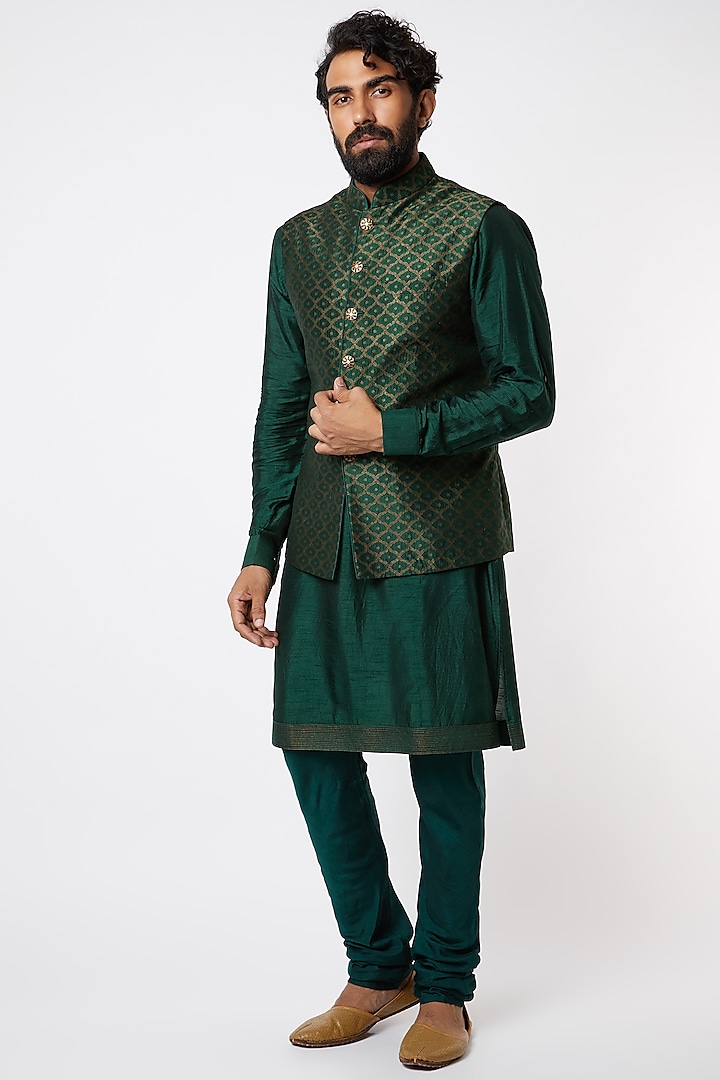 Emerald Green Brocade Silk Nehru Set by Vanshik