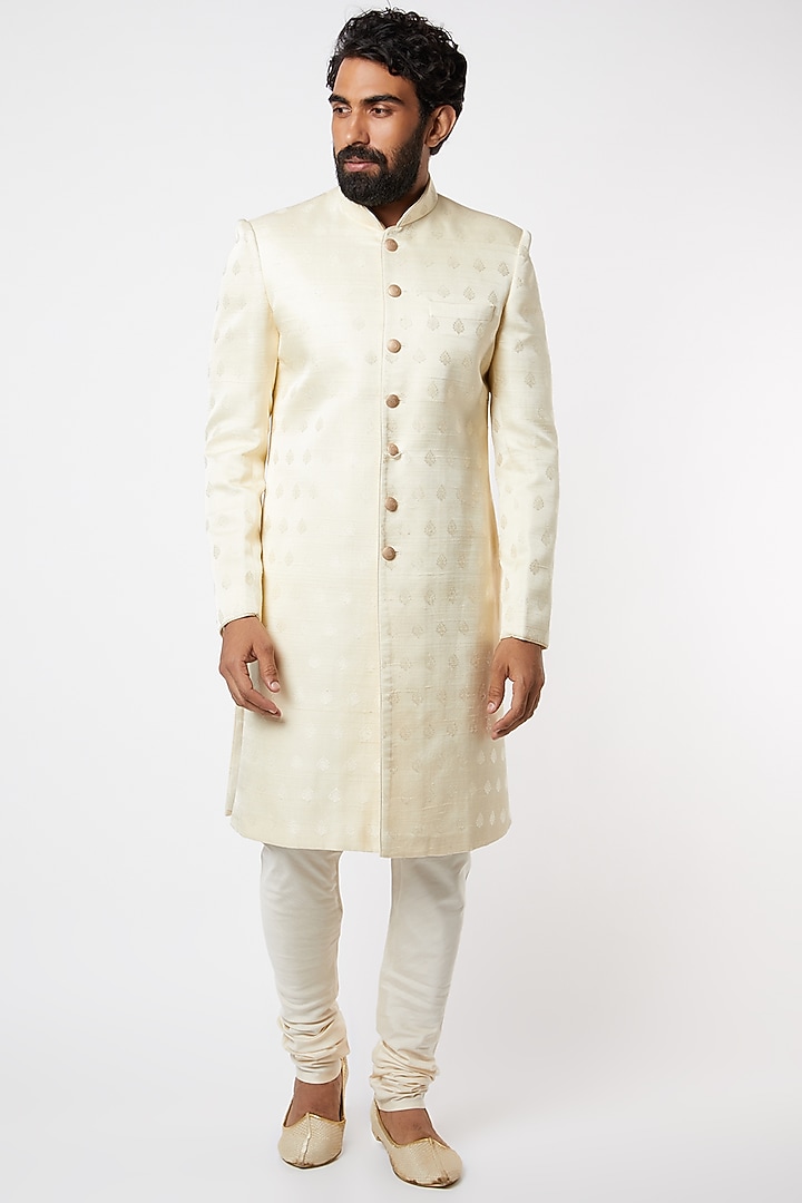 White Silk Wedding Sherwani Set by Vanshik at Pernia's Pop Up Shop