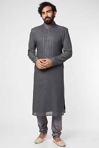 Grey Embroidered Kurta Set by Vanshik