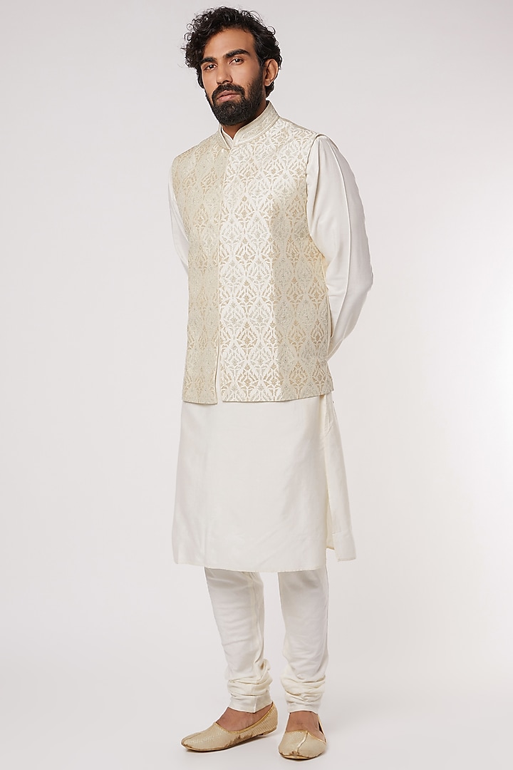 Beige Raw Silk Nehru Jacket Set by Vanshik