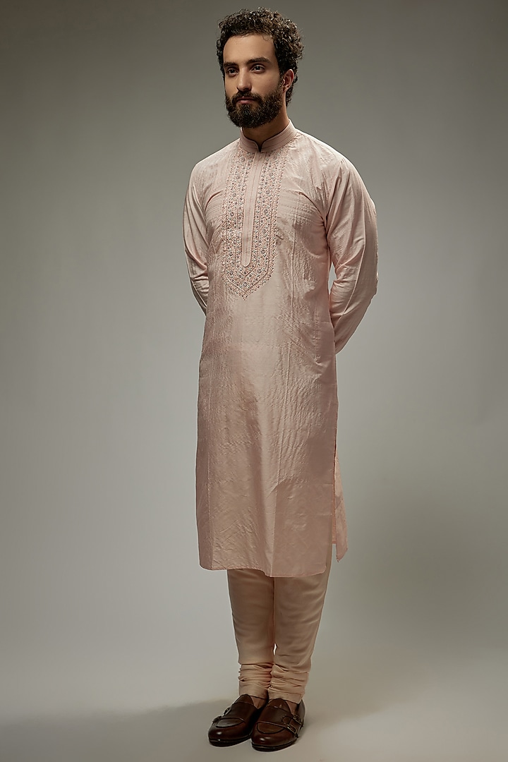 Blush Pink Tussar Silk Embroidered Kurta Set by Vanshik