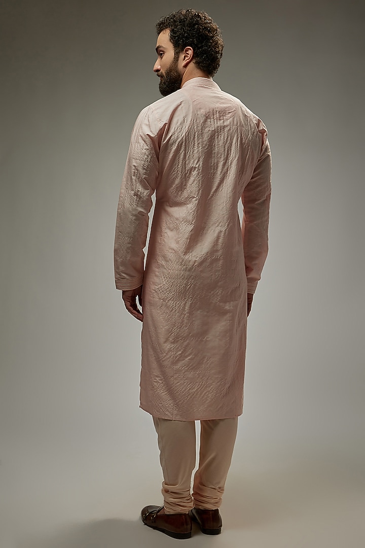 Blush Pink Tussar Silk Floral Embroidered Kurta Set by Vanshik at Pernia's Pop Up Shop