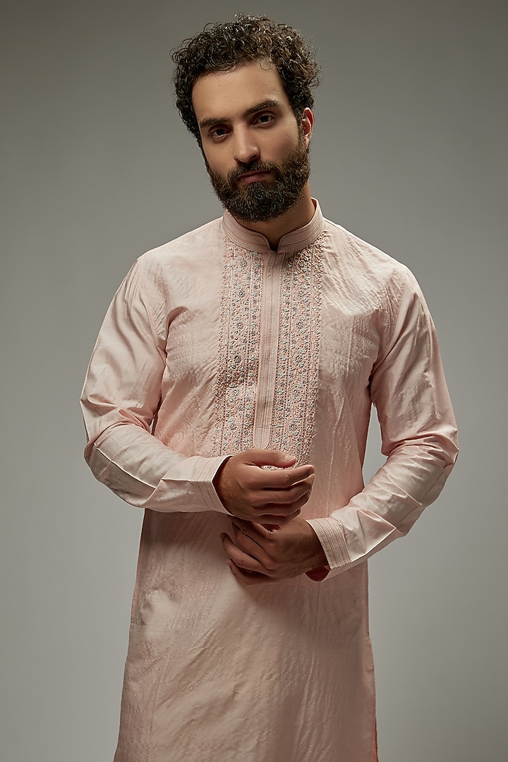 Blush Pink Tussar Silk Floral Embroidered Kurta Set by Vanshik at Pernia's Pop Up Shop