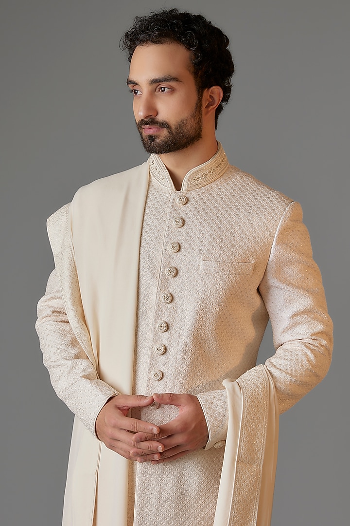 Pearl Silk Wedding Sherwani Set by Vanshik at Pernia's Pop Up Shop