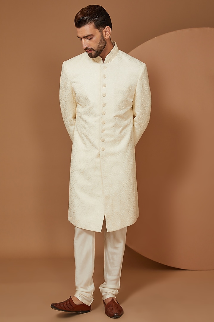 Pearl Silk Embroidered Wedding Sherwani Set by Vanshik at Pernia's Pop Up Shop