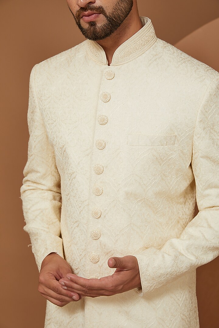 Pearl Silk Embroidered Wedding Sherwani Set by Vanshik at Pernia's Pop Up Shop