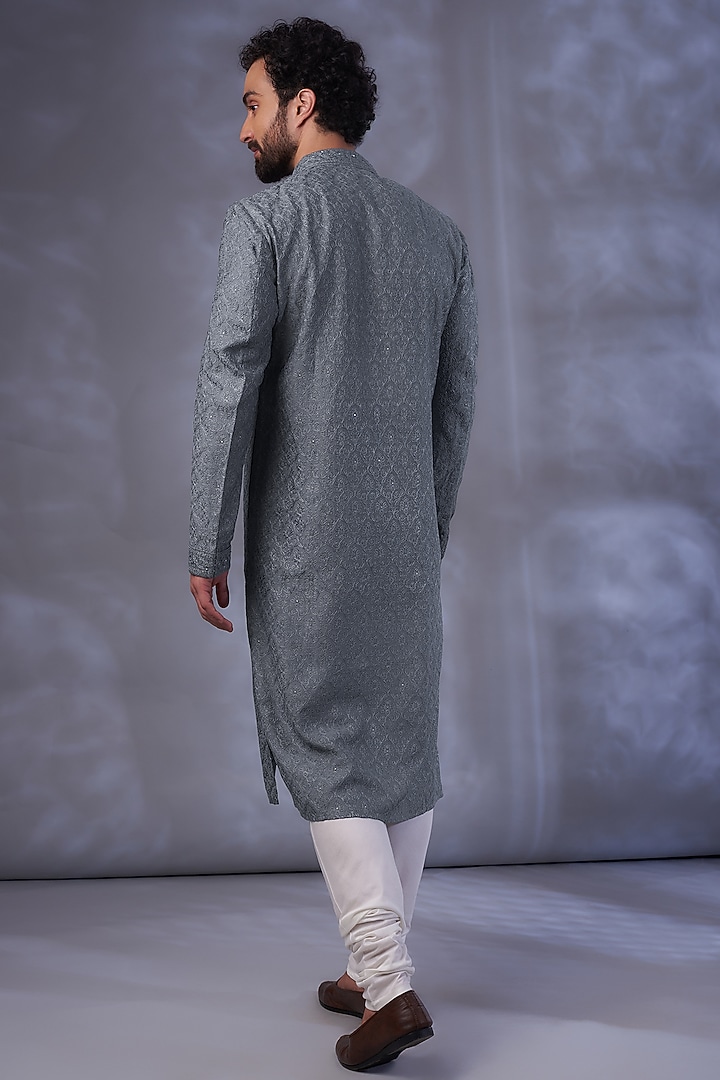 Grey Dupion Silk Resham Embroidered Kurta Set by Vanshik at Pernia's Pop Up Shop
