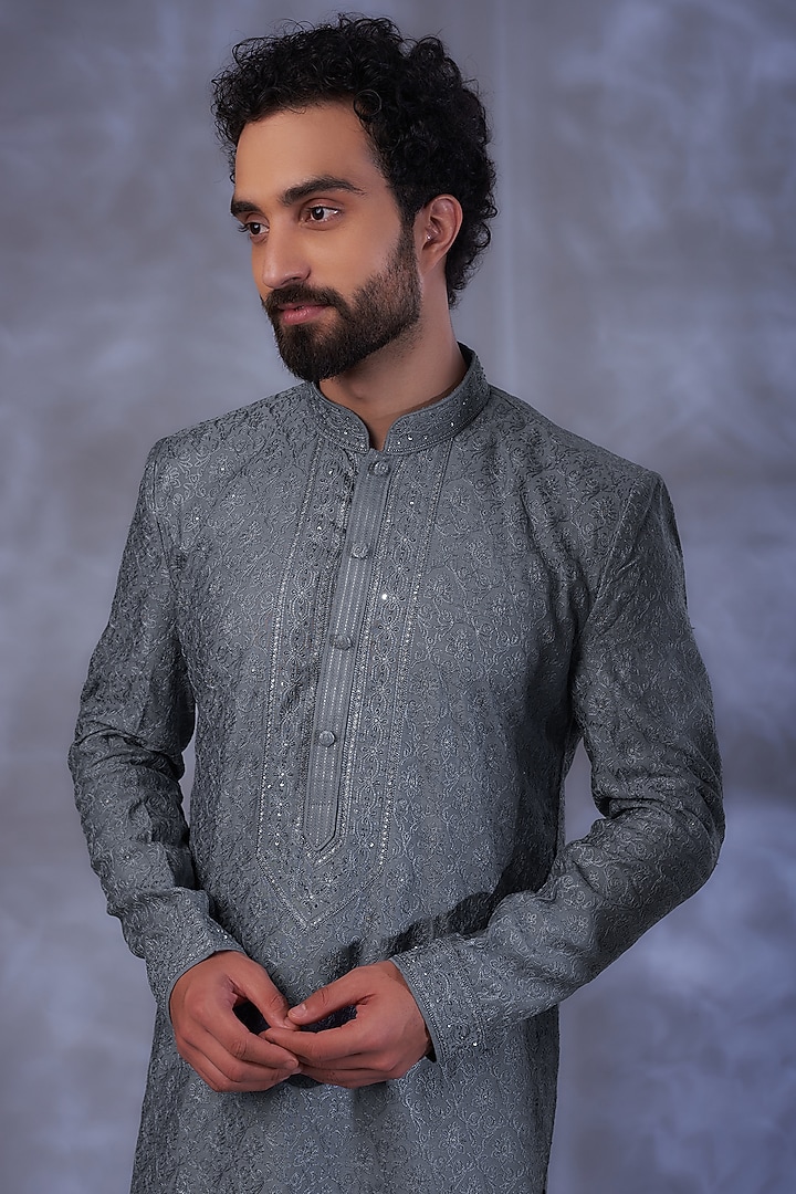 Grey Dupion Silk Resham Embroidered Kurta Set by Vanshik at Pernia's Pop Up Shop
