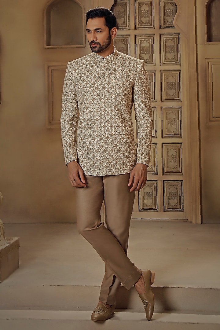 Cream Pashmina Silk Blend Kashmiri Embroidered Jodhpuri Set by Vanshik at Pernia's Pop Up Shop