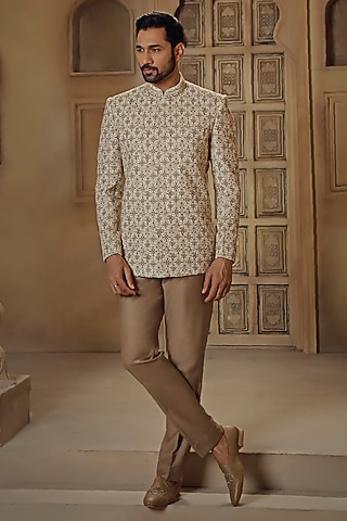 Cream Pashmina Silk Blend Kashmiri Embroidered Jodhpuri Set by Vanshik