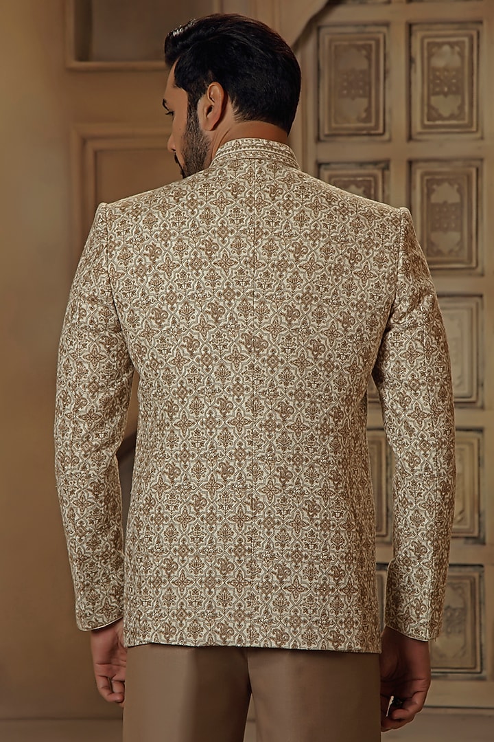 Cream Pashmina Silk Blend Kashmiri Embroidered Jodhpuri Set by Vanshik at Pernia's Pop Up Shop