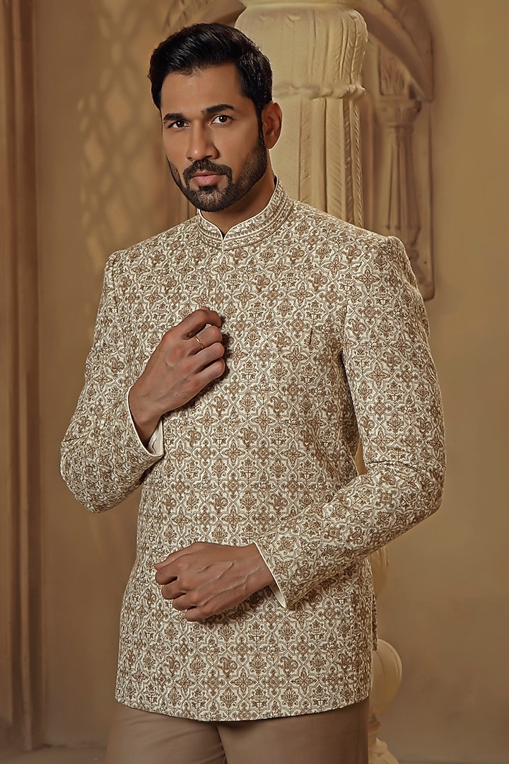 Cream Pashmina Silk Blend Kashmiri Embroidered Jodhpuri Set by Vanshik at Pernia's Pop Up Shop