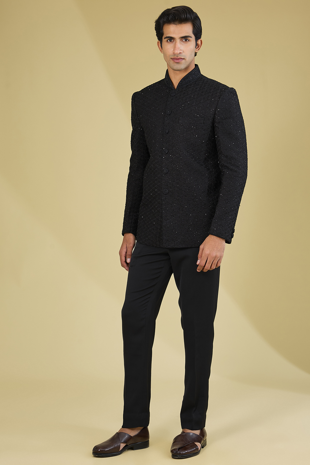 Black Silk Cut-Diamonds Embroidered Bandhgala Set by Vanshik