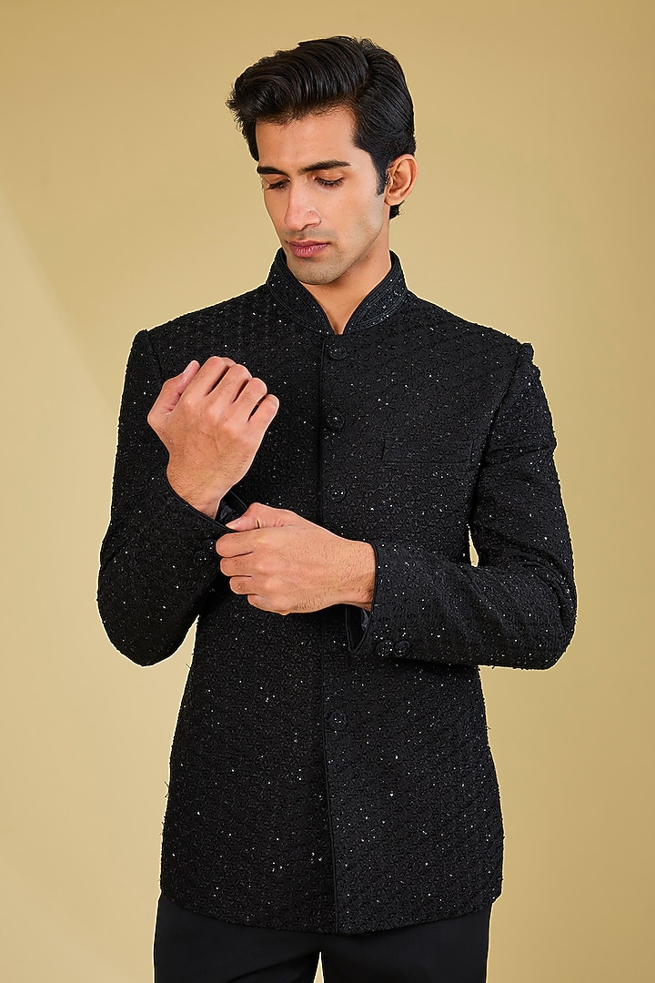 Black Silk Cut-Diamonds Embroidered Bandhgala Set by Vanshik at Pernia's Pop Up Shop