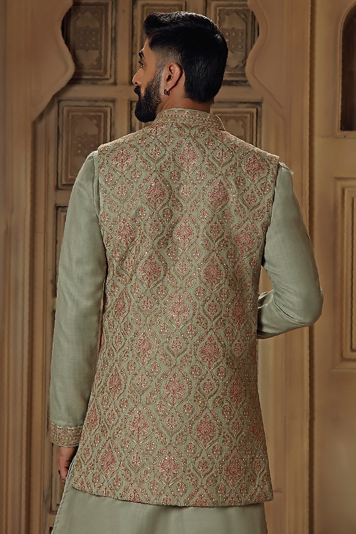 Olive Pashmina Silk Blend Kashmiri Embroidered Bundi Jacket Set by Vanshik at Pernia's Pop Up Shop