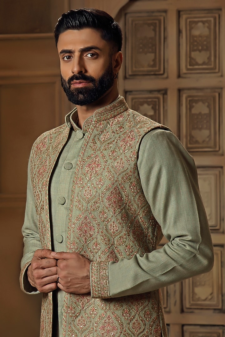 Olive Pashmina Silk Blend Kashmiri Embroidered Bundi Jacket Set by Vanshik at Pernia's Pop Up Shop